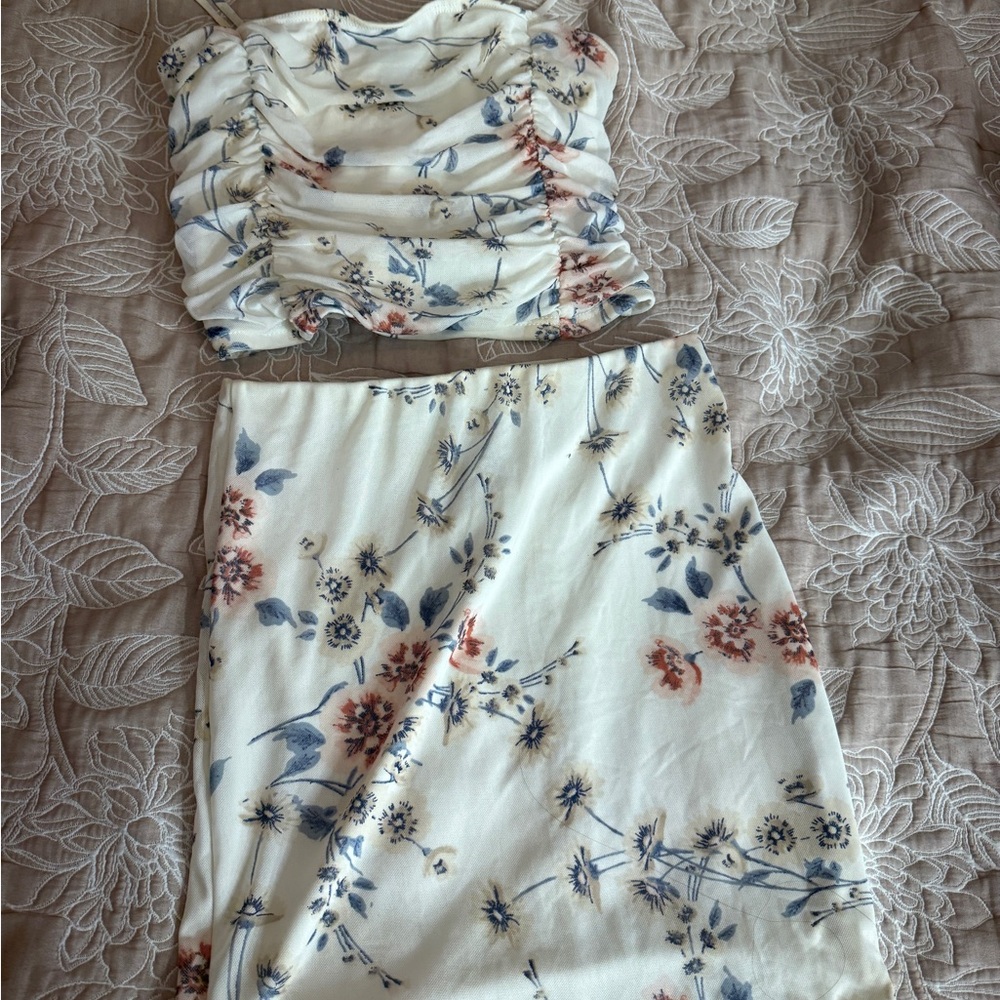 Floral Ruched Tube Top and Skirt Set